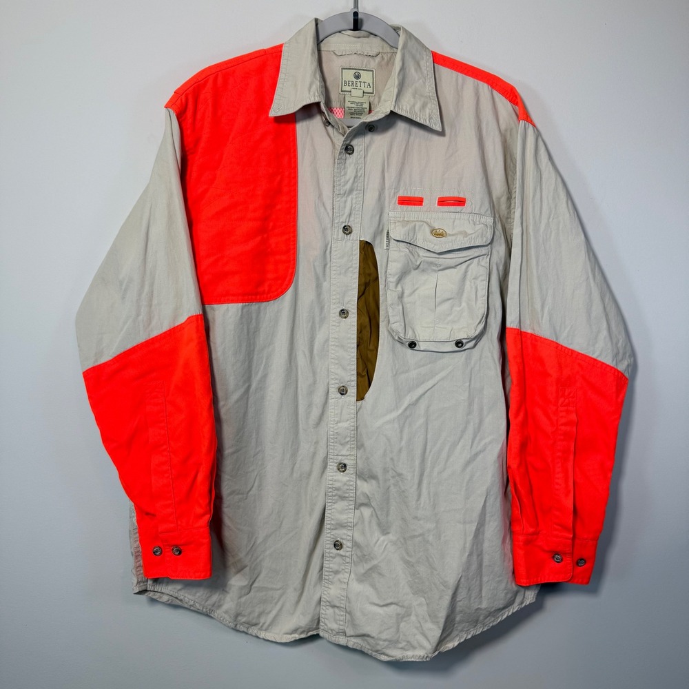 Beretta Hunting Shirt Mens L Tan Orange Shooting Patch Vented Outdoor Technical